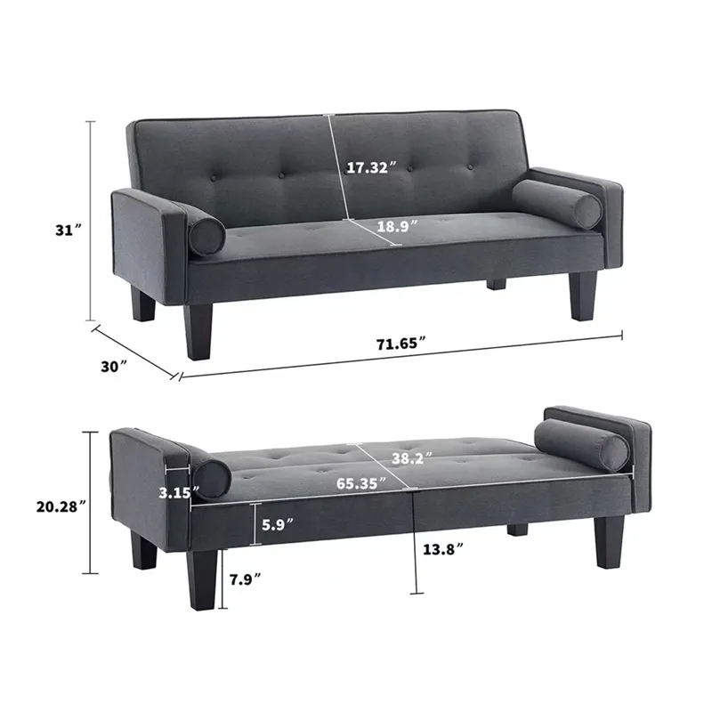 Futon Sofa Bed Convertible Couch Bed With Armrests Modern Living Room Linen Sofa Bed, Folding Reclin