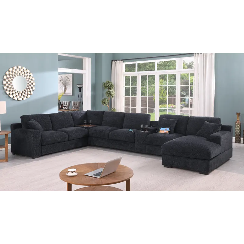 Celine - Chenille Fabric Corner Sectional Sofa With Right-Facing Chaise, Cupholders, And Charging Ports - Dark Gray