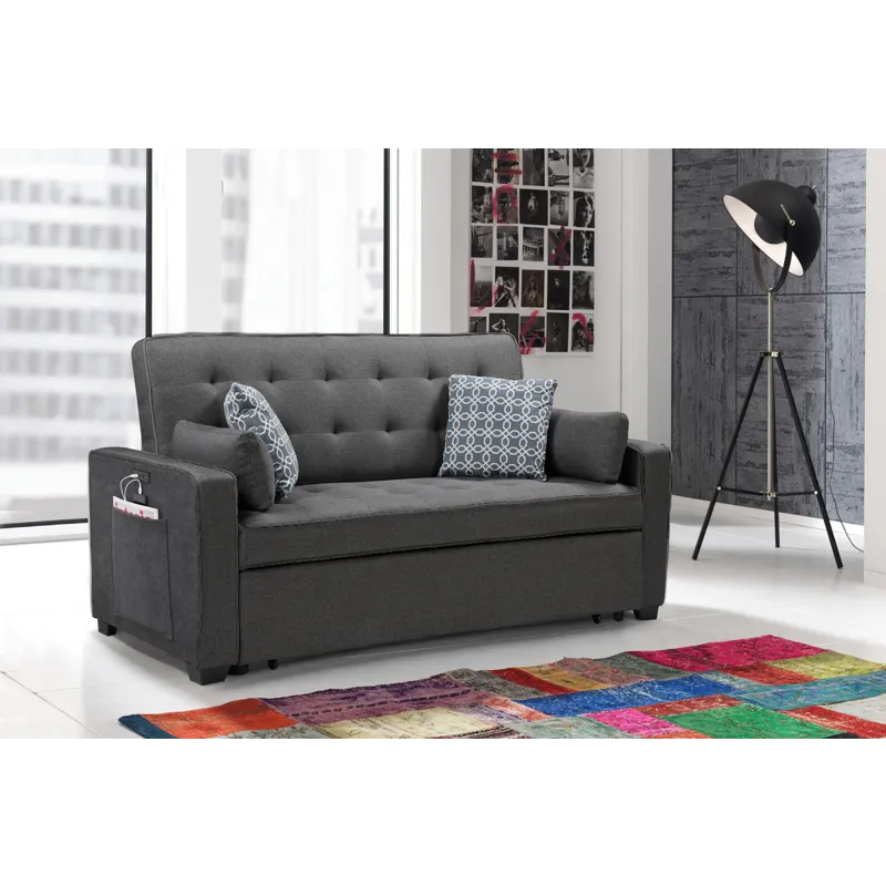 William - Modern Fabric Sleeper Sofa With 2 USB Charging Ports And 4 Accent Pillows - Gray