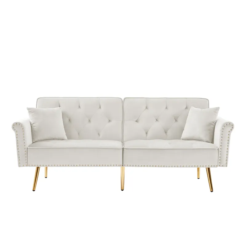 Velvet Tufted Sofa Couch With 2 Pillows And Nailhead Trim - Beige