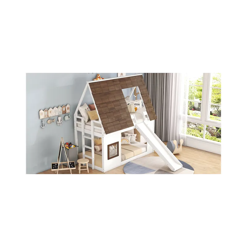 Wood Twin Size House Bunk Bed With Roof, Ladder And Slide - White / Brown