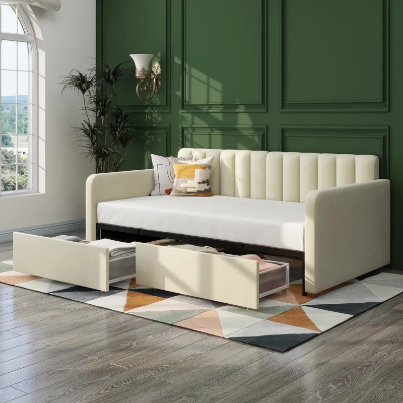 Flora - Twin Upholstered Daybed With 2 Drawers Ribbed Tufted Backrest in Lavish Modern Design - Ivor