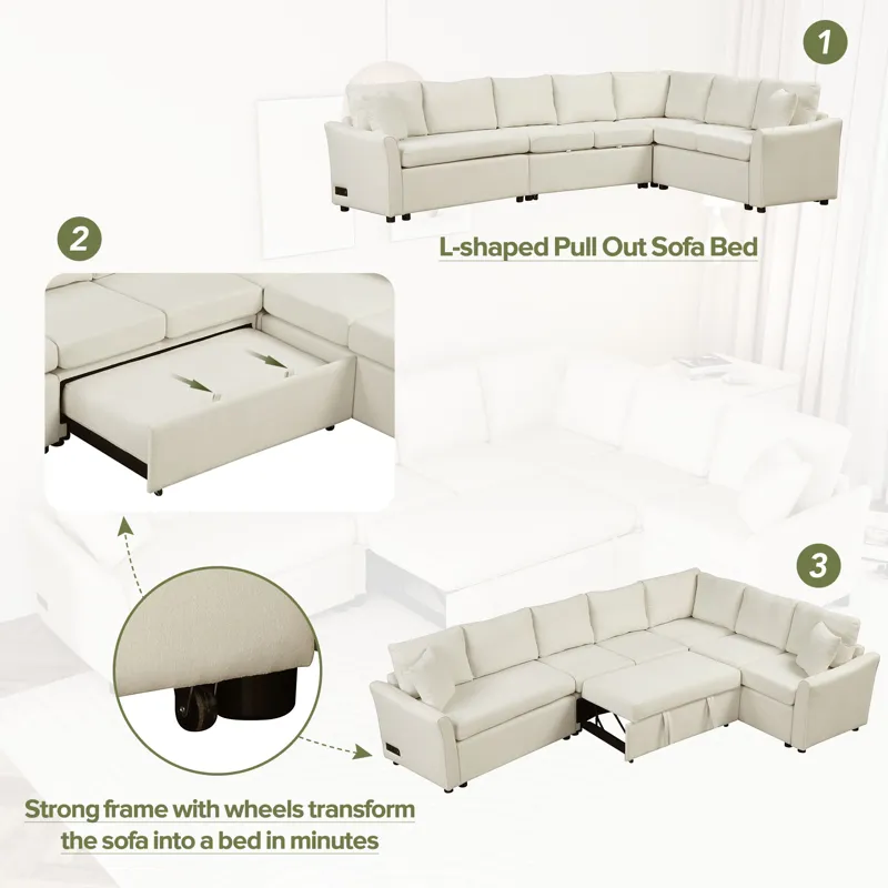 L-Shaped Sofa Convertible Sofa Bed Pull Out Sofa Sleeper With Two Back Pillows, Two USB Ports And Tw