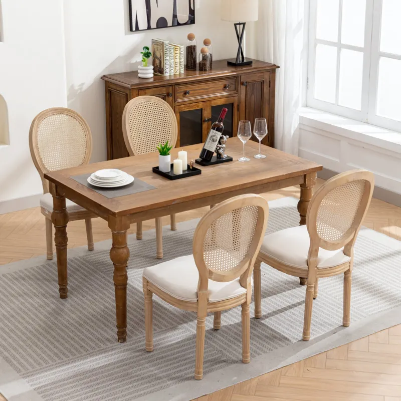 French Style Solid Wood Frame Antique Painting Linen Fabric Rattan Back Dining Chair (Set of 2) - Cr