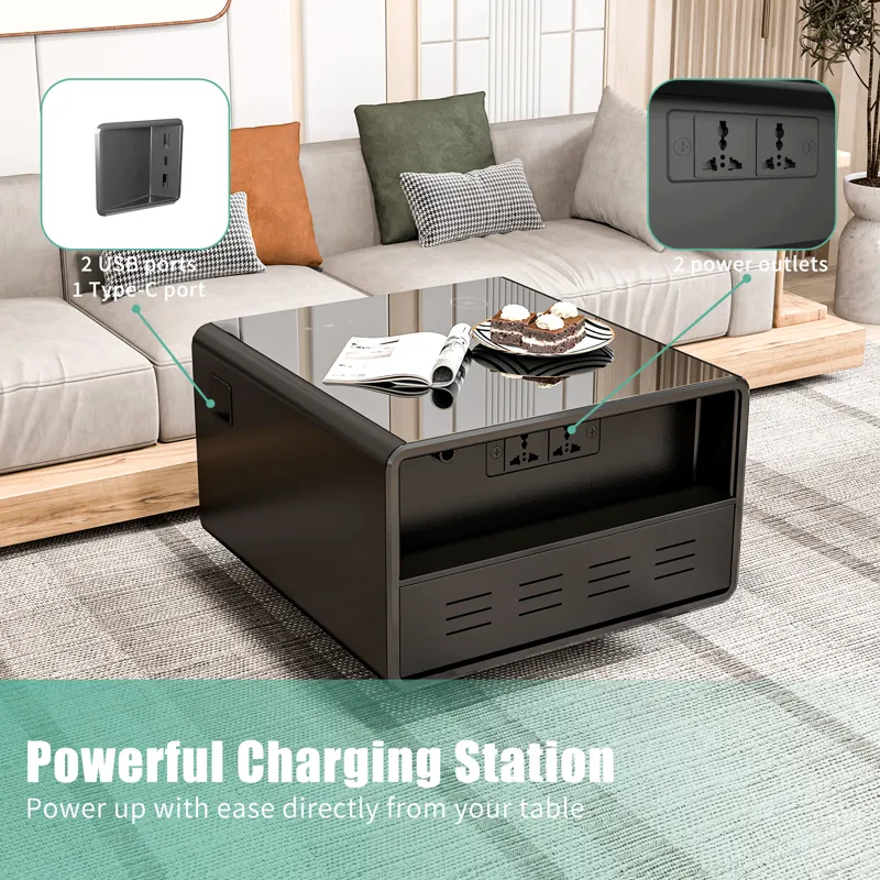 Modern Smart Side Table With Built-In Fridge, Wireless Charging, Temperature Control, Power Socket, 