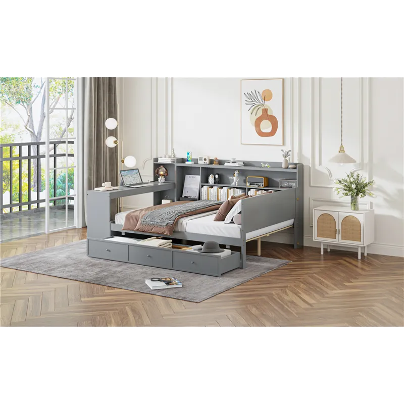 Full Size Wooden Daybed With 3 Drawers, USB Ports And Desk - Gray