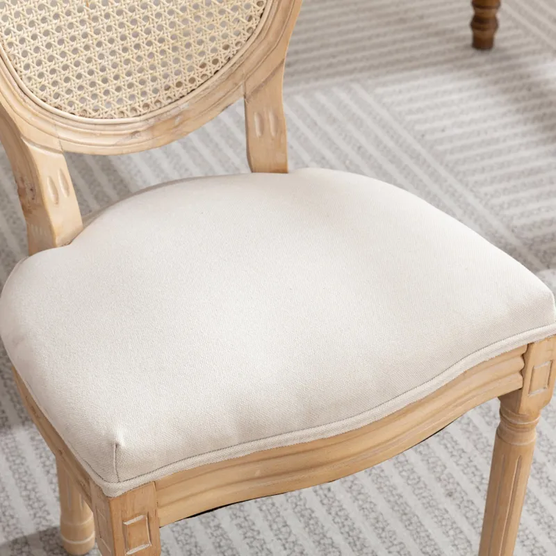 French Style Solid Wood Frame Antique Painting Linen Fabric Rattan Back Dining Chair (Set of 2) - Cr