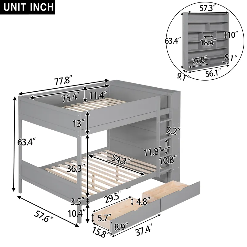 Full Over Full Bunk Bed With 2 Drawers And Multi - Layer Cabinet - Gray