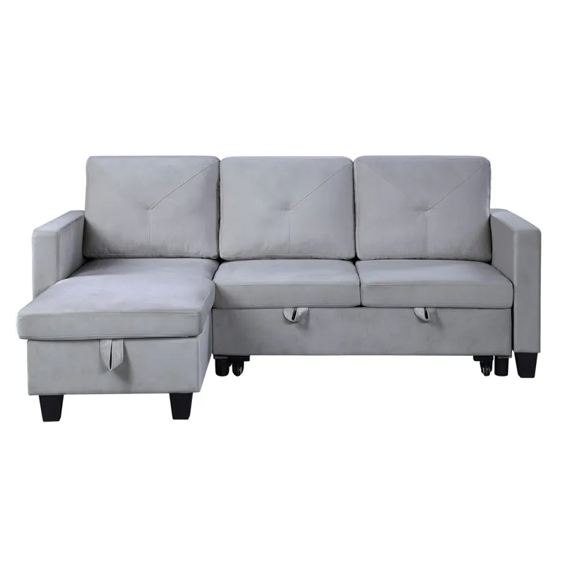 Nova - Velvet Reversible Sleeper Sectional Sofa With Storage Chaise - Light Gray