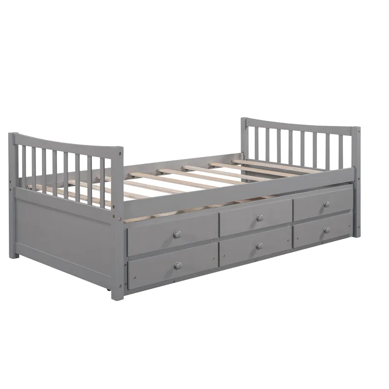 Twin Size Daybed With Trundle And Drawers - Gray