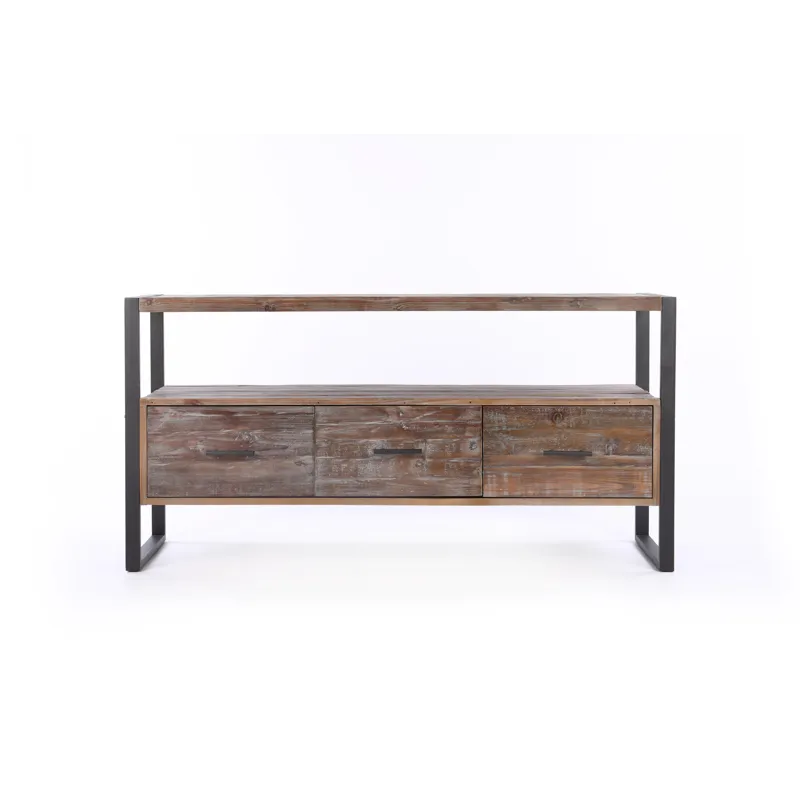 Reclaimed Wood Media TV Console Table With 3 Drarwer, Open Shelf - Antique Gray
