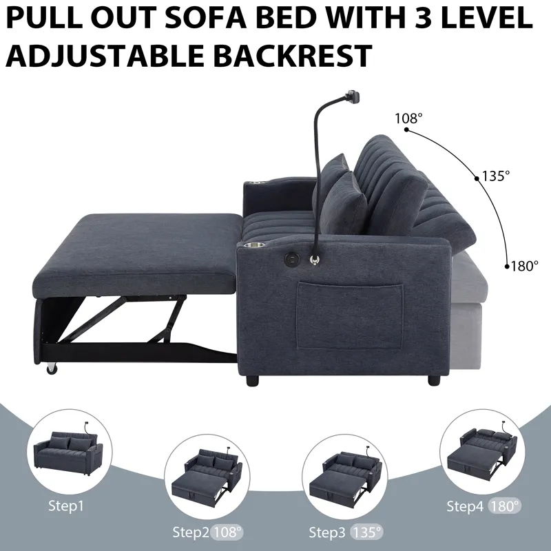 Convertible Sofa Bed Loveseat Sofa With Three USB Ports, Two Side Pockets, Two Cup Holders And 360° 