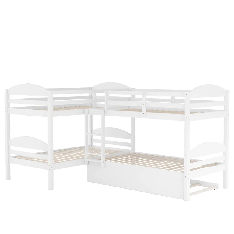 Twin L-Shaped Bunk Bed With Trundle - White
