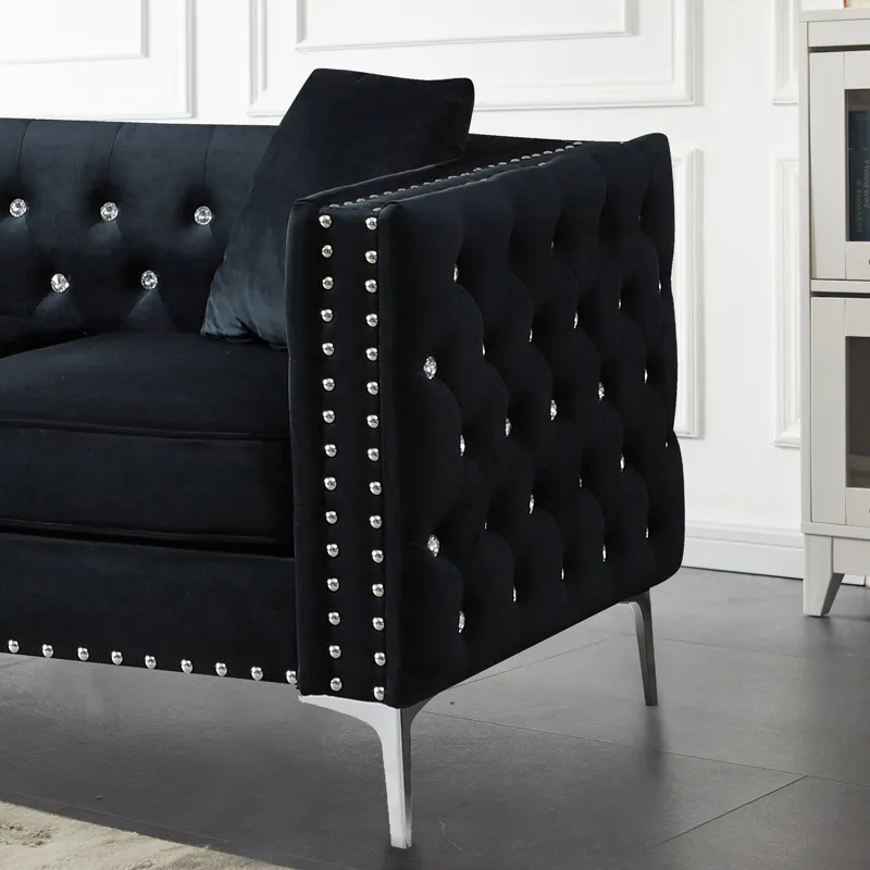 Wide Sofa With Jeweled Buttons Square Arm, 2 Pillows - Black