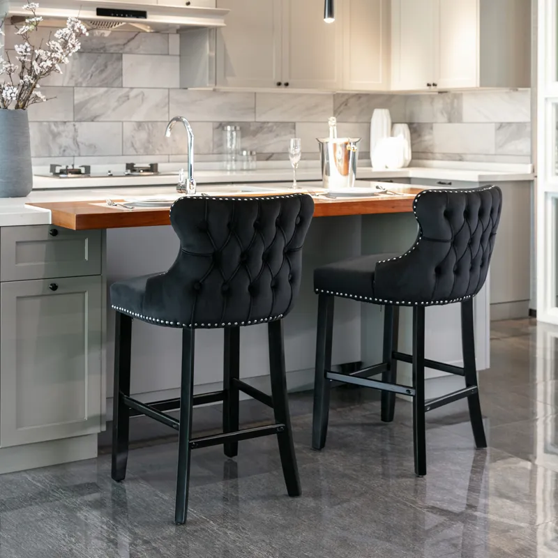 Contemporary Velvet Upholstered Wing-Back Barstools With Button Tufted Decoration And Wooden Legs, A