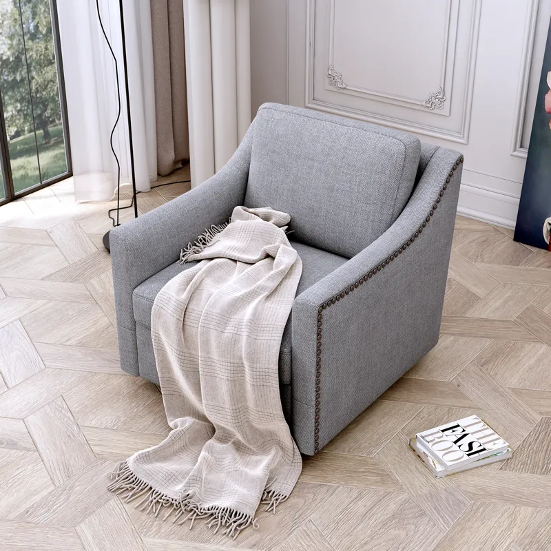 360 Degree Swivel Armchair Cotton Linen Skin-Friendly Fabric Ergonomic Design Brass Nail Decorative 
