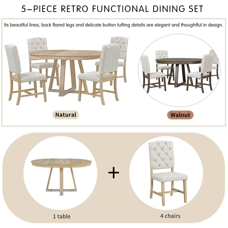 5 Piece Retro Functional Dining Set, Round Table With Leaf And 4 Upholstered Chairs For Dining Room 