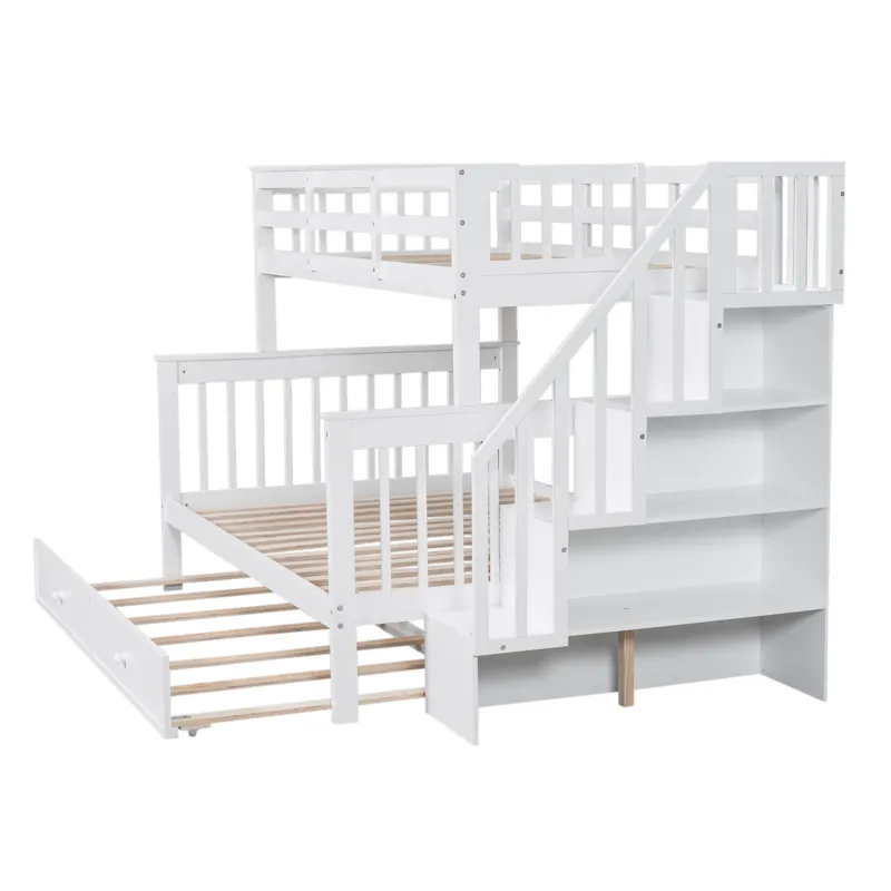 Twin Over Full Bunk Bed With Twin Size Trundle, Storage And Guard Rail For Bedroom, Dorm, For Adults