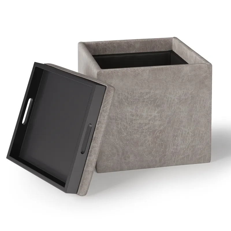 Rockwood - Cube Storage Ottoman with Tray - Distressed Grey Taupe