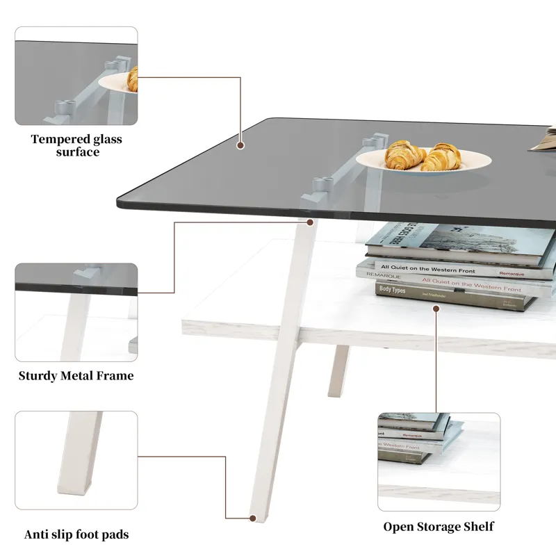 Rectangle Coffee Table, Tempered Glass Tabletop With White Metal Legs, Modern Table For Living Room 