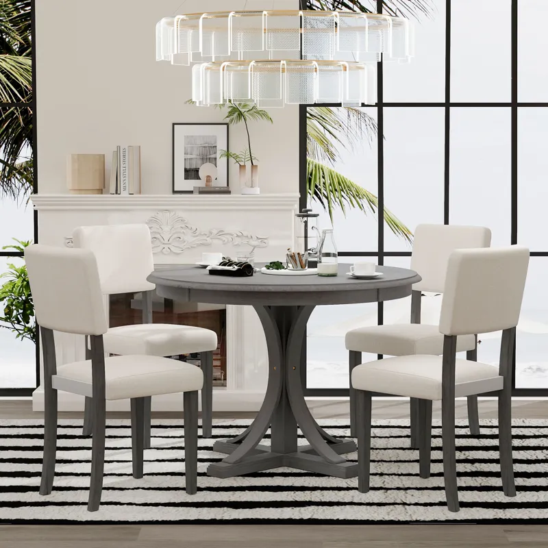 5 Piece Retro Round Dining Table Set With Curved Trestle Style Table Legs And 4 Upholstered Chairs F
