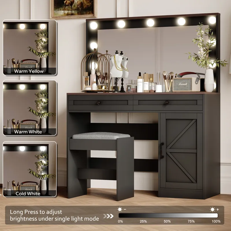Makeup Vanity Table, Makeup Table With Large Mirror And 11 LED Light, Brightness Adjustable, Dressin