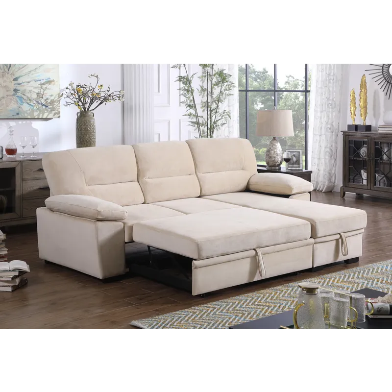 Kipling - Velvet Fabric Reversible Sleeper Sectional Sofa Chaise - Beige
