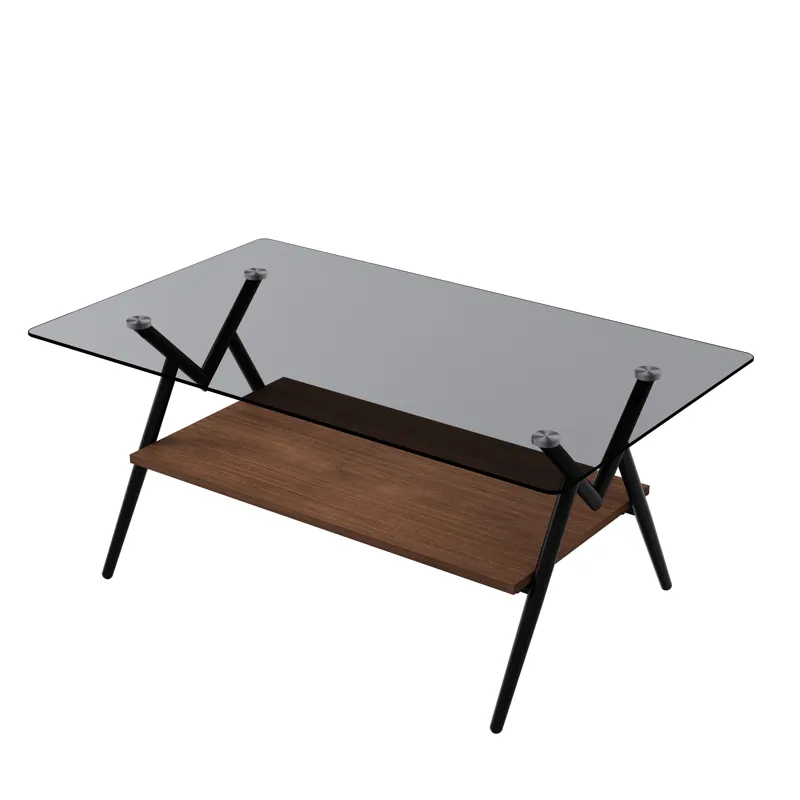 Rectangle Coffee Table With Tempered Glass Top And Brown MDF Shelf, Modern Table For Living Room - G