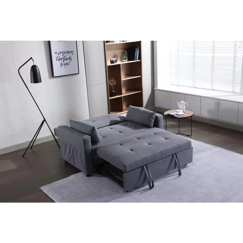 2 Seaters Slepper Sofa Bed Linen Fabric 3-In-1 Convertible Sleeper Loveseat With Side Pocket - Dark 