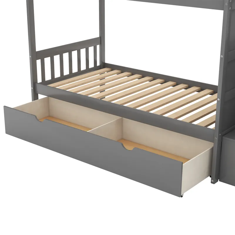 Twin Over Full / Twin Bunk Bed, Convertible Bottom Bed, Storage Shelves And Drawers - Gray