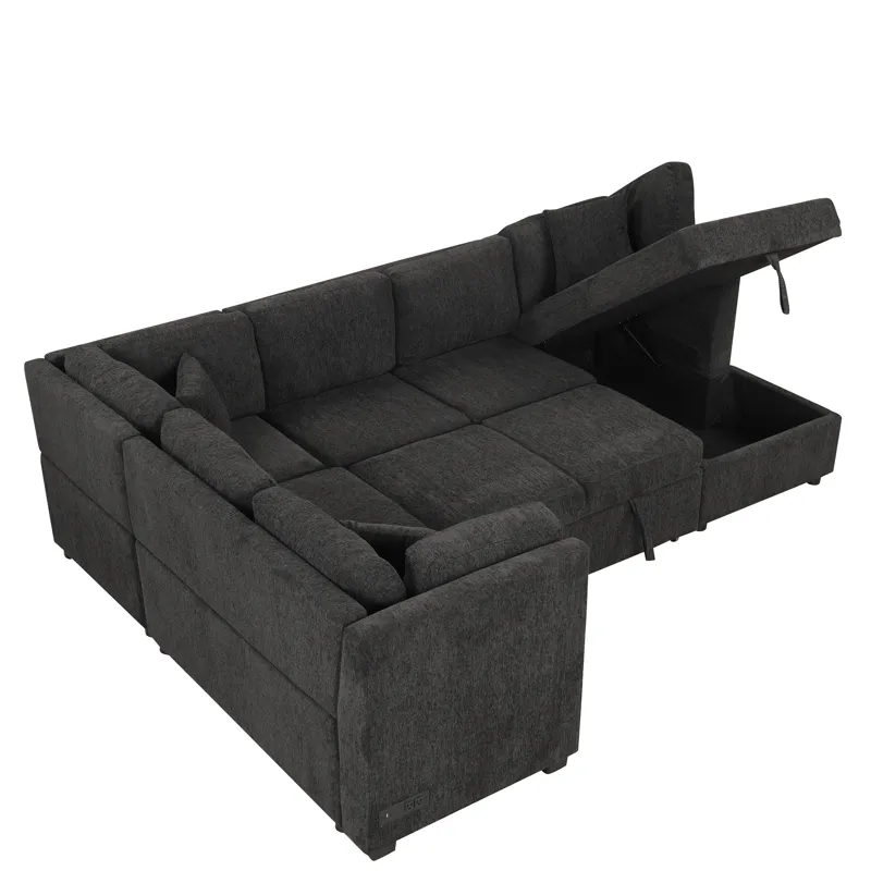 U-Shaped Sectional Sofa Pull Out Sofa Bed With Two USB Ports, Two Power Sockets, Three Back Pillows 