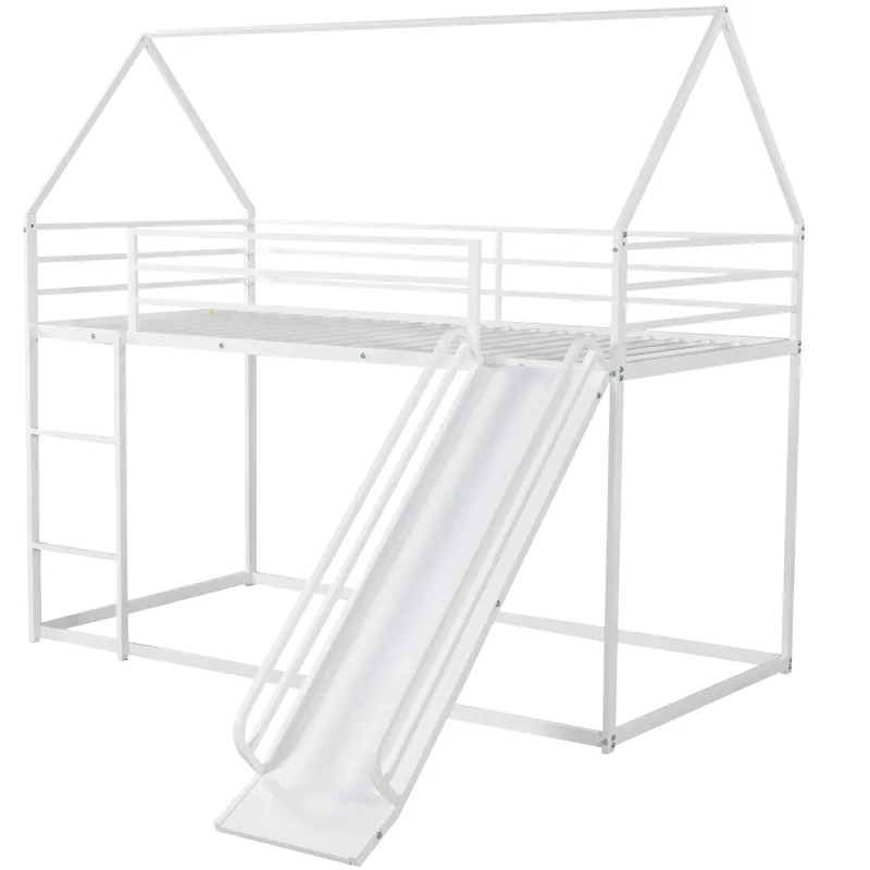 Twin Over Twin House Bunk Bed With Ladder And Slide - White