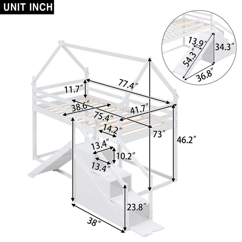 Twin Over Twin House Loft Or Bunk Bed With Slide And Staircase - White