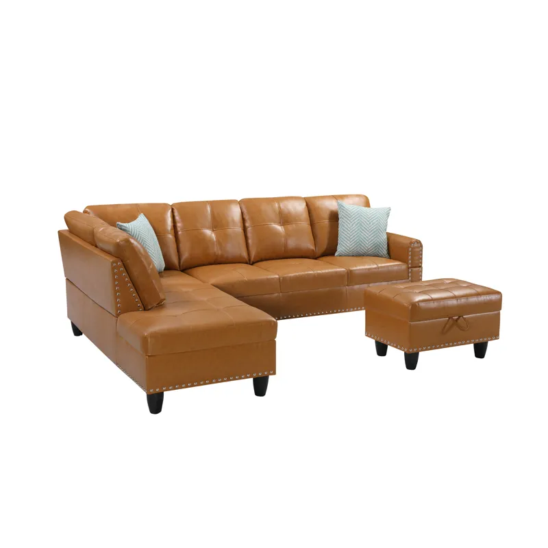 Irine - Faux Leather Sectional Sofa With Ottoman - Ginger