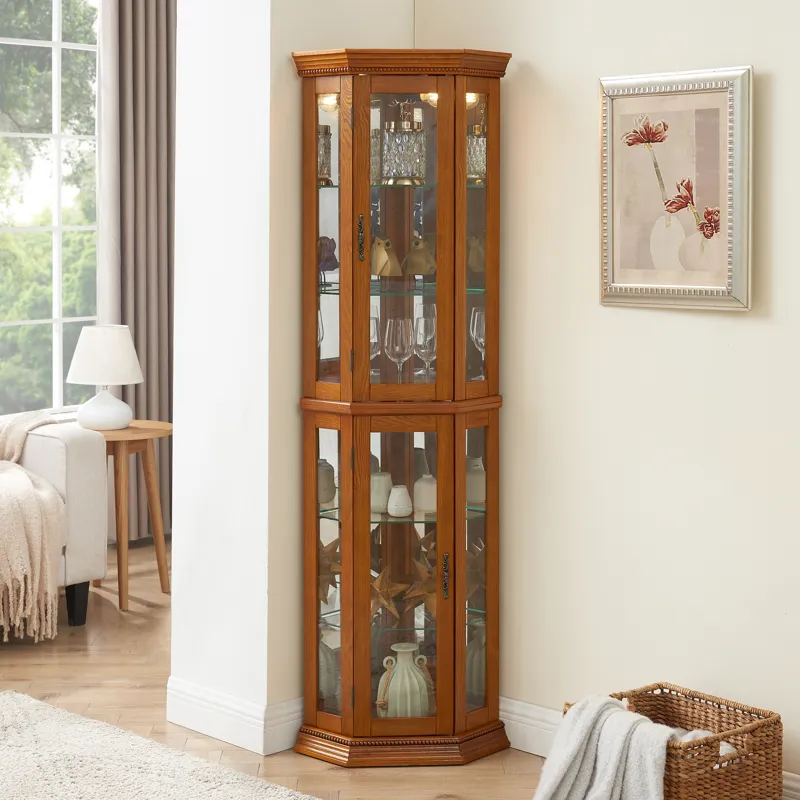 Corner Curio Cabinet With Lights, Adjustable Tempered Glass Shelves, Mirrored Back, Display Cabinet (E26 Light Bulb Not Included) - Oak