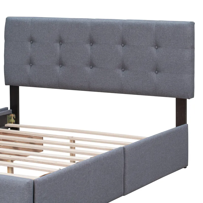 Queen Size Upholstered Platform Bed With Classic Headboard And 4 Drawers, No Box Spring Needed - Dar