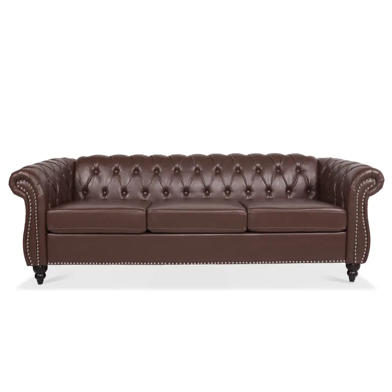 Rolled Arm Chesterfield Three Seater Sofa - Dark Brown
