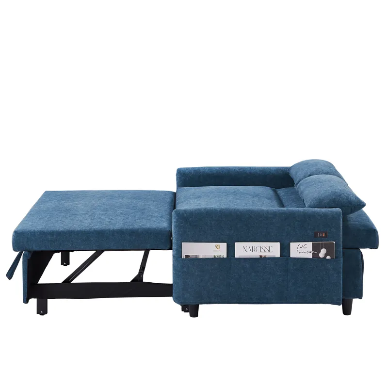 Pull Out Sleep Sofa Bed Loveseats Sofa Couch With Adjsutable Backrest, Storage Pockets, 2 Soft Pillo