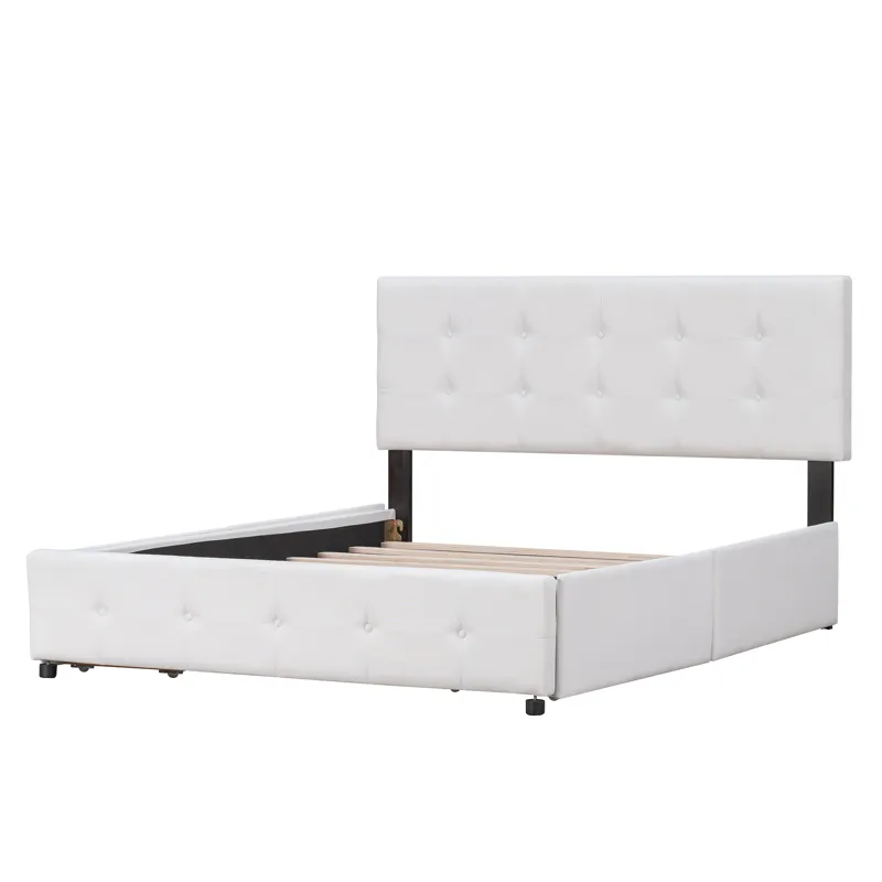 Queen Size Upholstered Platform Bed With Classic Headboard And 4 Drawers, No Box Spring Needed - Whi