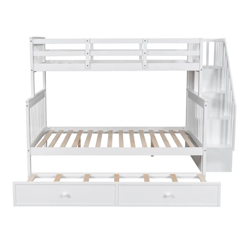Twin Over Full Bunk Bed With Twin Size Trundle, Storage And Guard Rail For Bedroom, Dorm, For Adults