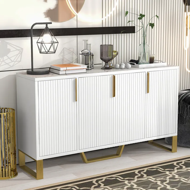 Modern Sideboard With Four Doors, Metal Handles & Legs And Adjustable Shelves Kitchen Cabinet - Whit