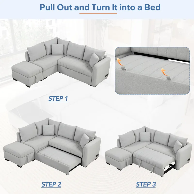 L-Shaped Sectional Pull Out Sofa Bed Sleeper Sofa With Two USB Ports, Two Power Sockets And A Movabl