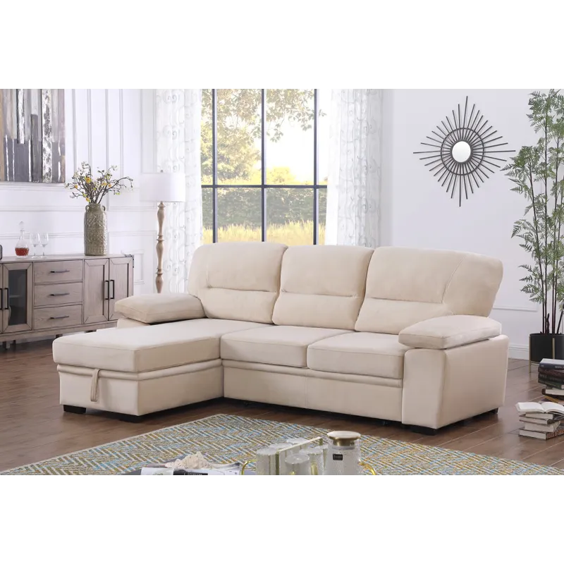 Kipling - Velvet Fabric Reversible Sleeper Sectional Sofa Chaise - Beige