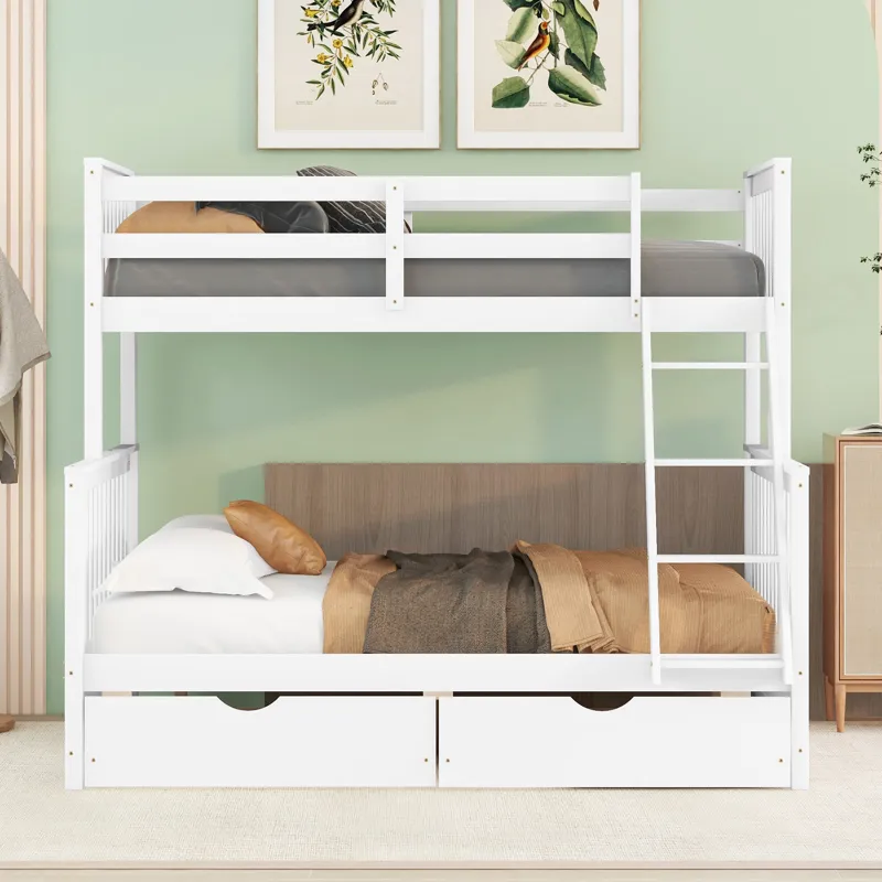 Twin Over Full Bunk Bed With Ladders And Two Storage Drawers - White