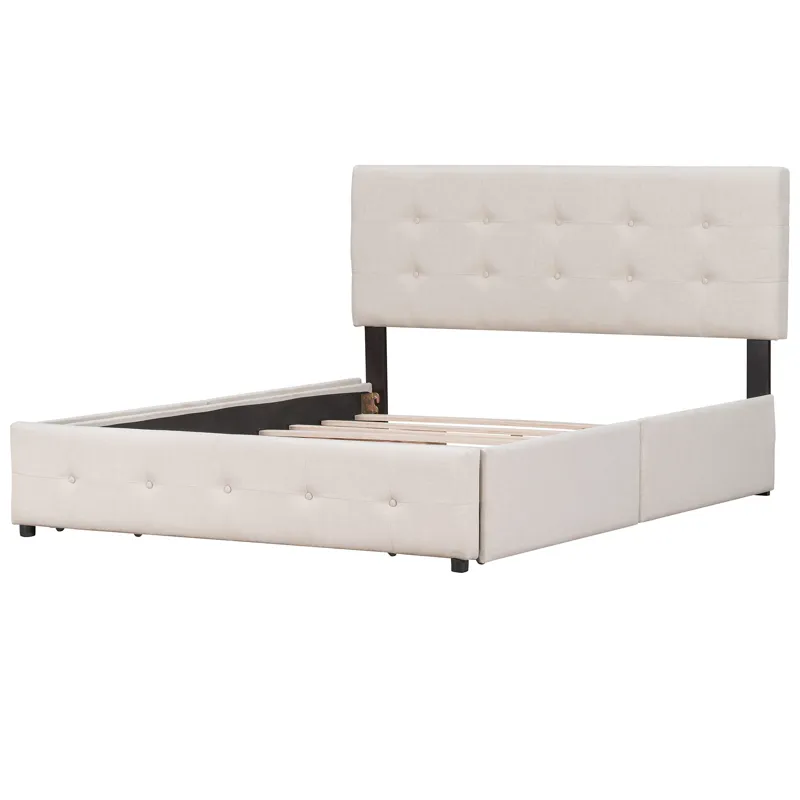 Queen Size Upholstered Platform Bed With Classic Headboard And 4 Drawers, No Box Spring Needed - Bei