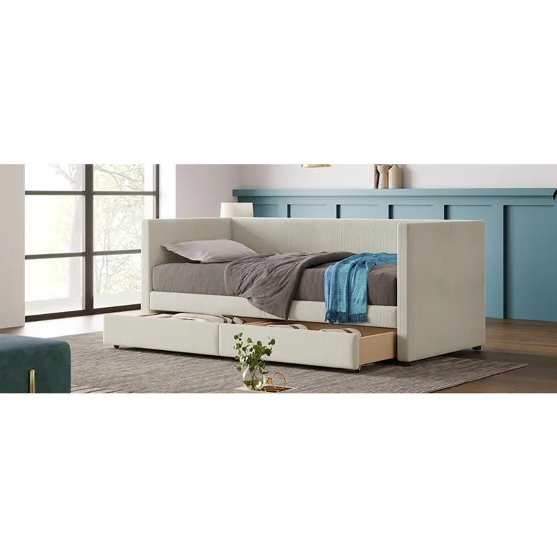 Twin Size Corduroy Daybed With Two Drawers And Wood Slat - Beige