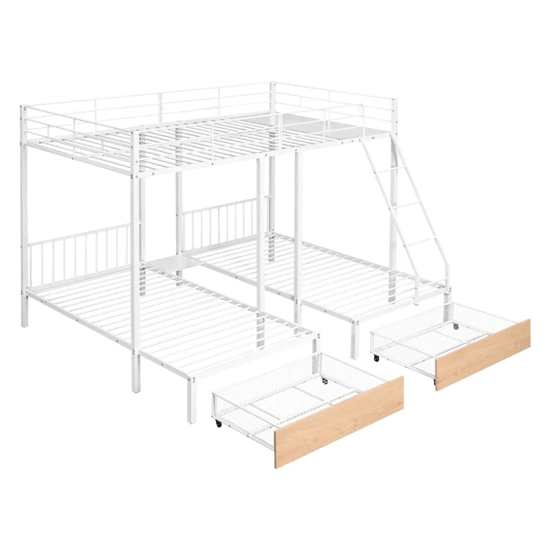 Full Over Twin & Twin Bunk Bed, Metal Triple Bunk Bed With Drawers And Guardrails - White