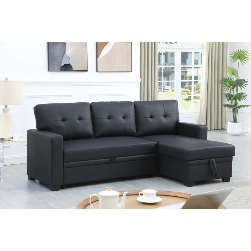 Upholstered Pull Out Sectional Sofa With Chaise - Black