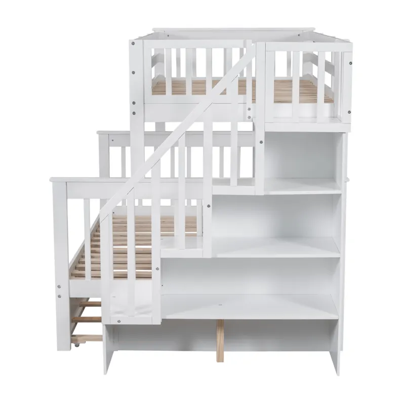 Twin Over Full Bunk Bed With Twin Size Trundle, Storage And Guard Rail For Bedroom, Dorm, For Adults