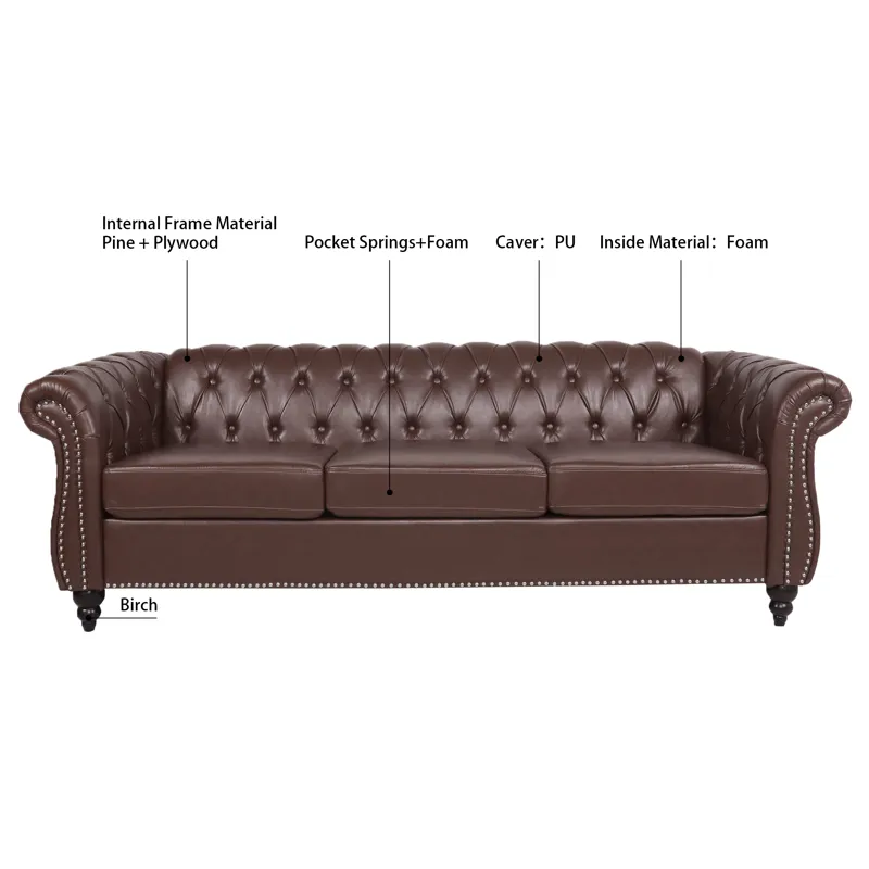 Rolled Arm Chesterfield Three Seater Sofa - Dark Brown